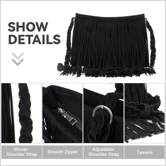 Faux Suede Fringe Crossbody Bag Women Hippie Shoulder Messenger Sling - Picture 2 of 8
